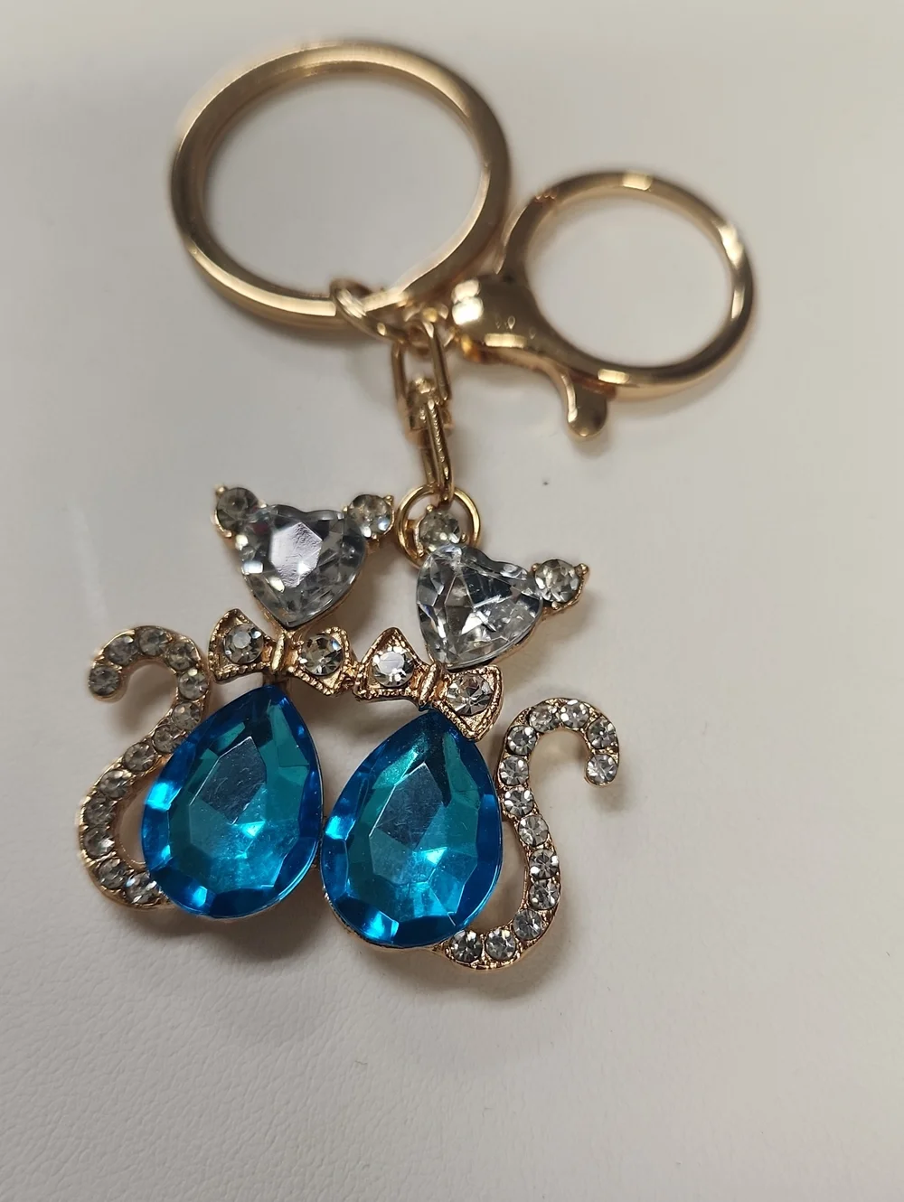 Gold-Tone Blue Crystal Cat Keychain - Women's Accessory